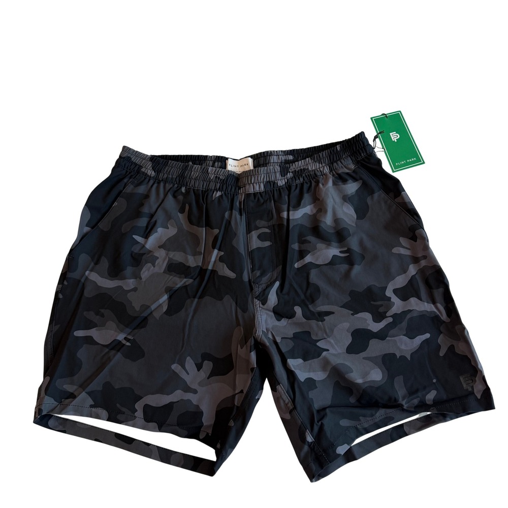 Flint Park‎ Mens Camo Performance Shorts Black Grey Camouflage Activewear Large
